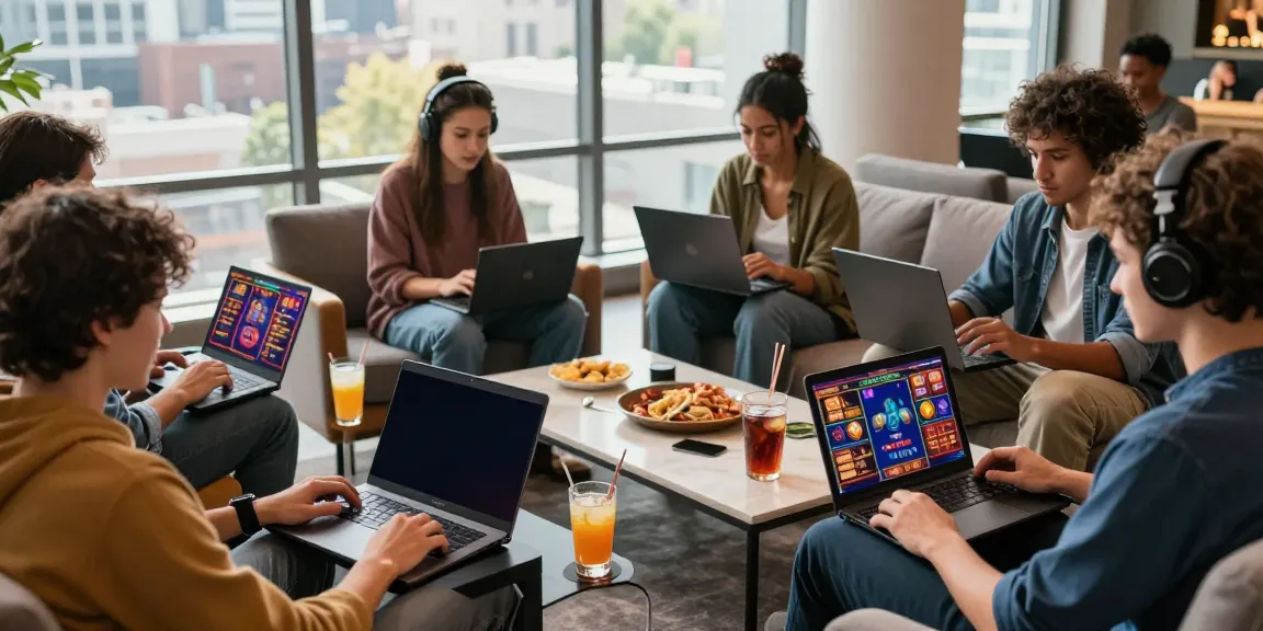 Exciting online gaming scene with diverse players enjoying slot games at vibrant lounge, showcasing community and engagement.