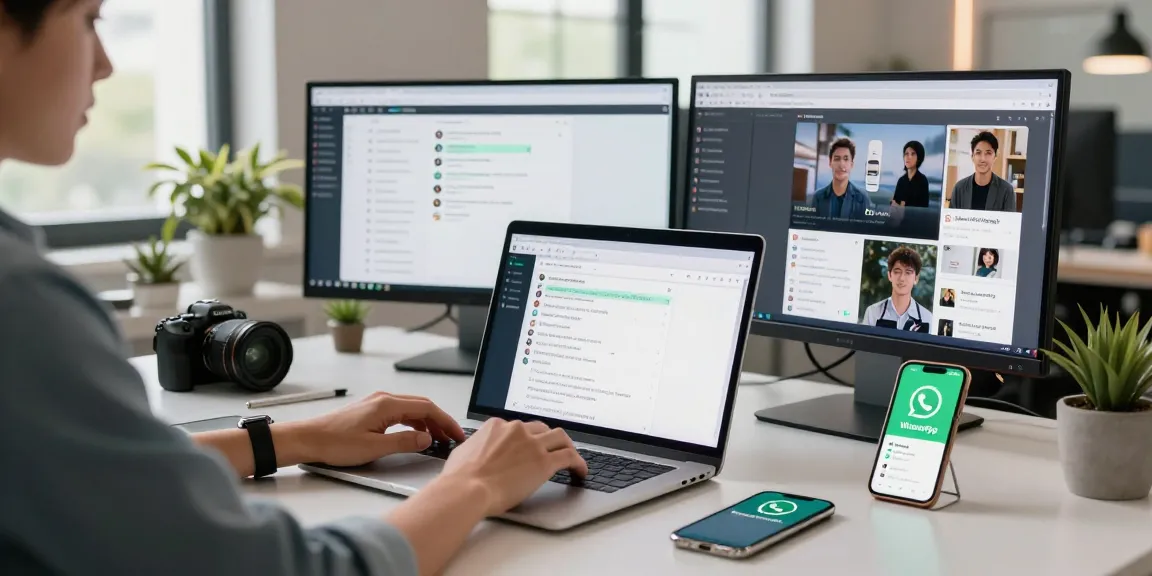 Engaged user navigating WhatsApp網頁版 on a laptop in a modern workspace, showcasing technology integration.