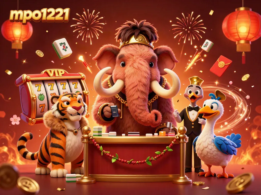 Engage with mpo1221 at a vibrant online casino scene hosted by cartoon characters amidst festive decorations.