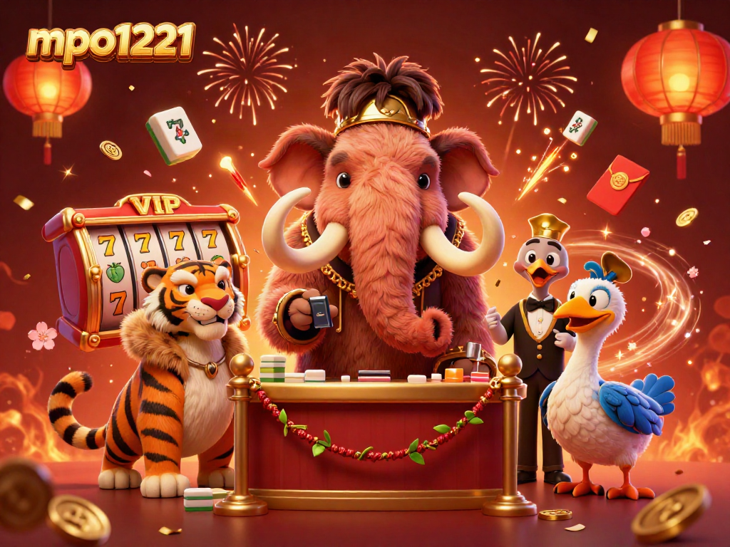 Engage with mpo1221 at a vibrant online casino scene hosted by cartoon characters amidst festive decorations.