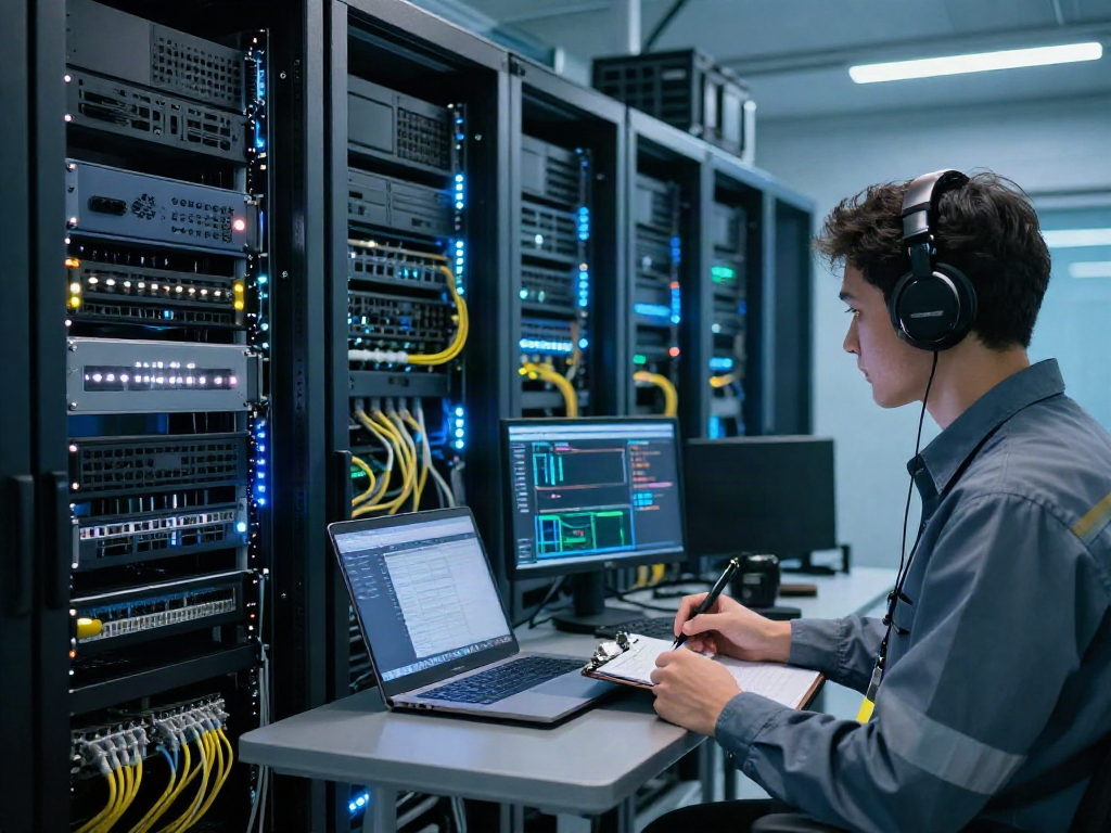 Insinyur memeriksa ServerPG dalam pusat data modern, menunjukkan manajemen server dan konektivitas yang efisien.