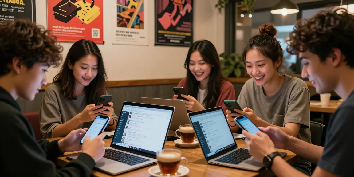 Engaging social scene of users exploring popular telegram chinese channels at a café.