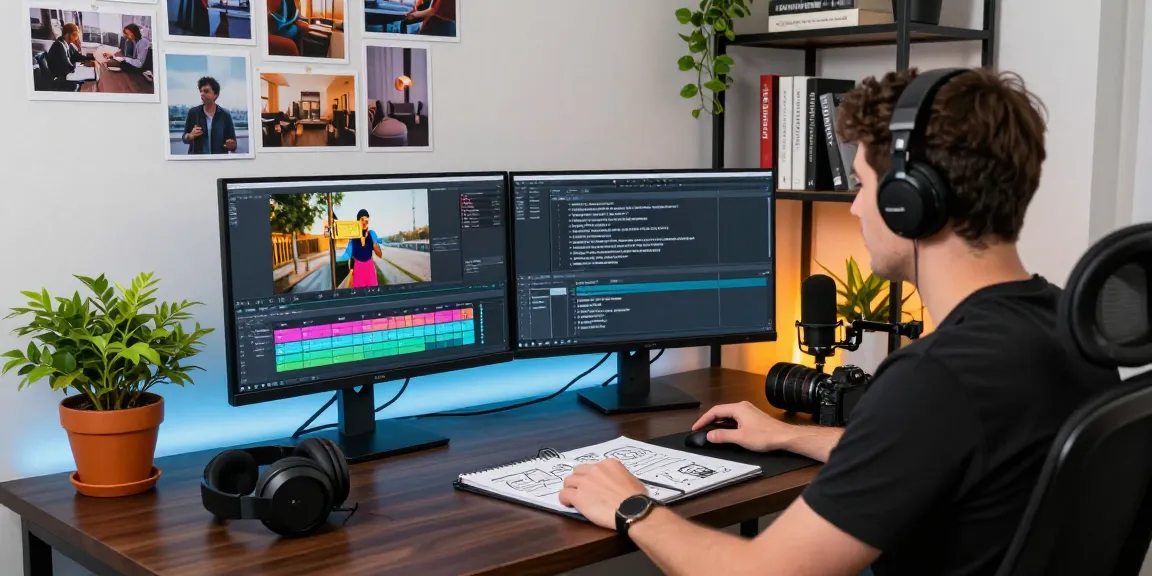 Content creator using video prompt ai in a vibrant studio, analyzing video footage on dual monitors for detailed prompts.