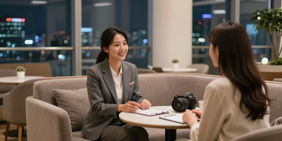 서울OP 서비스와 고객 상담 중인 모습, 아늑한 라운지 환경.