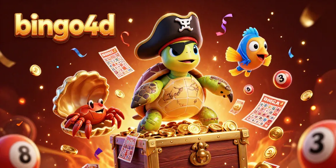 Karakter bingo4d berinteraksi di atas tumpukan kartu bingo dan bola berwarna-warni.