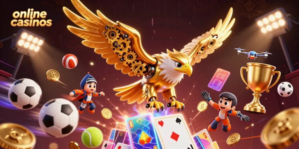 Experience thrilling online casinos with a cybernetic eagle amidst dynamic game elements.