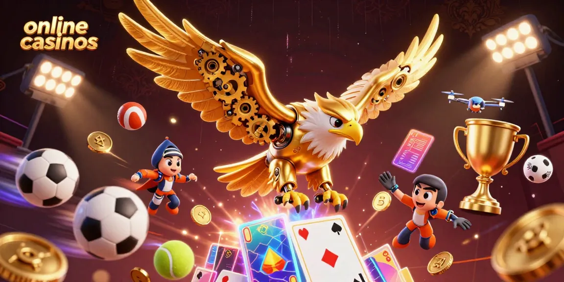 Experience thrilling online casinos with a cybernetic eagle amidst dynamic game elements.