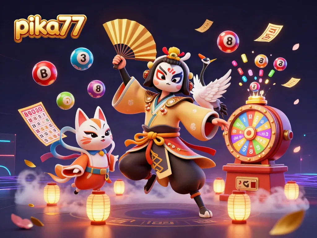 Engage with pika77 for thrilling gameplay surrounded by dynamic lottery elements and vibrant colors.