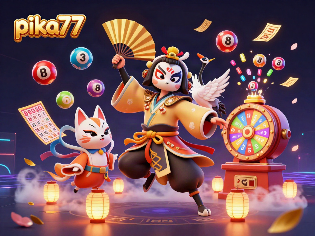 Engage with pika77 for thrilling gameplay surrounded by dynamic lottery elements and vibrant colors.