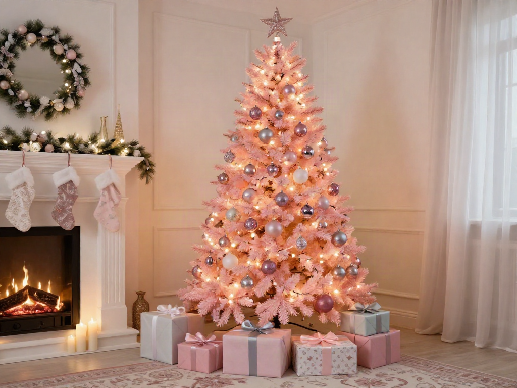 Cozy living room with a light pink Christmas tree and festive decorations, capturing holiday spirit.