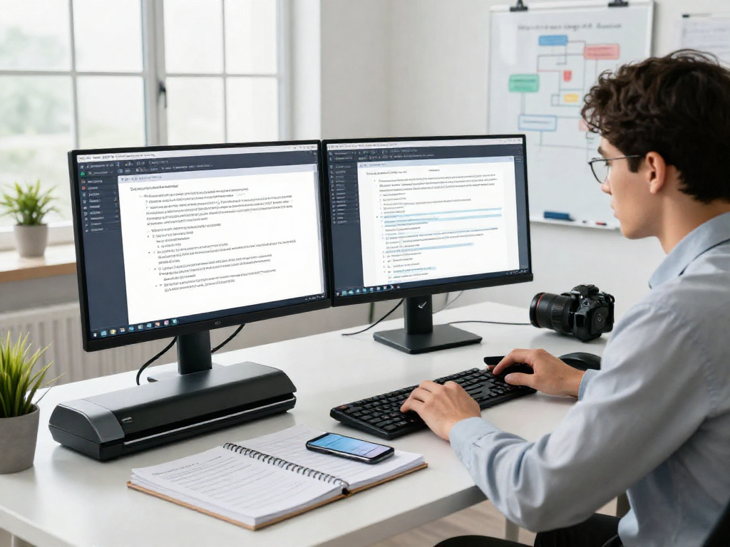 Analyst performing document fraud detection in a modern office, analyzing data on dual monitors.