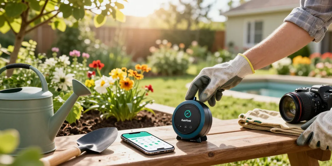 Engaging with a rainpoint water timer in a flourishing garden setting, enhancing plant care effortlessly.