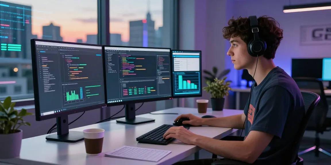 Youthful programmer coding in a digital workspace, emphasizing AI gf interactions.