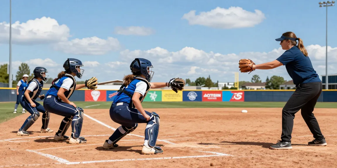 Young athletes in Fastpitch Softball Catcher's Gear practicing techniques on a sunny field.