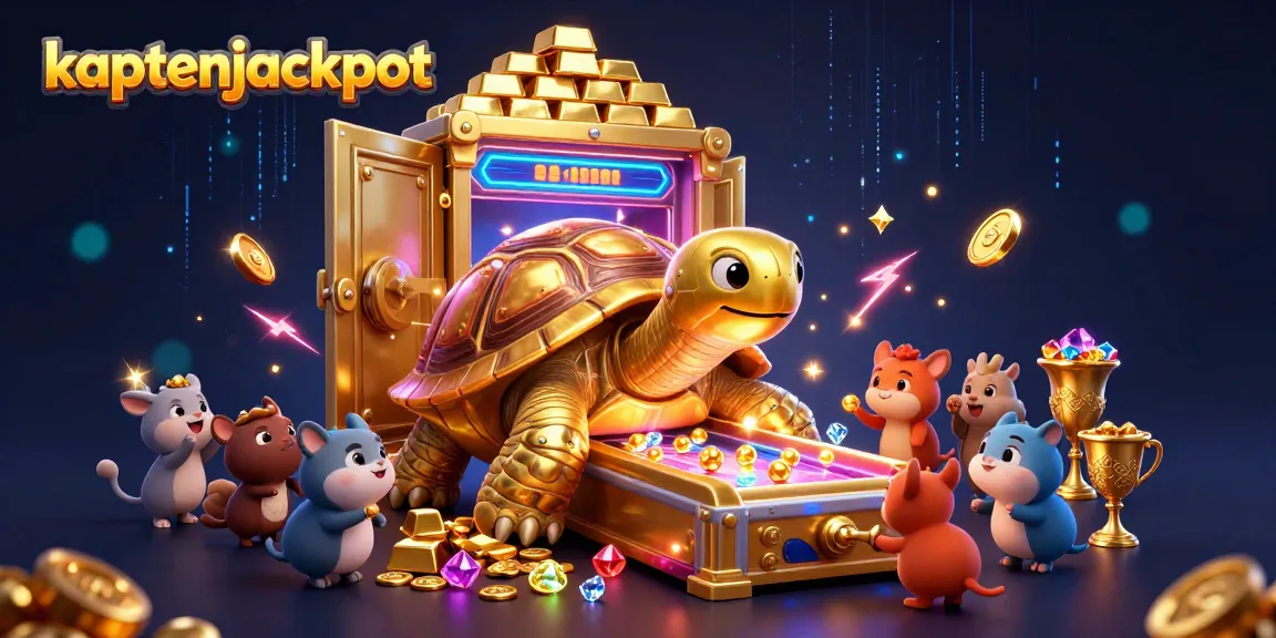 Experience the excitement of kaptenjackpot with a vibrant 3D illustration showcasing a golden tortoise pinball game amidst treasure.