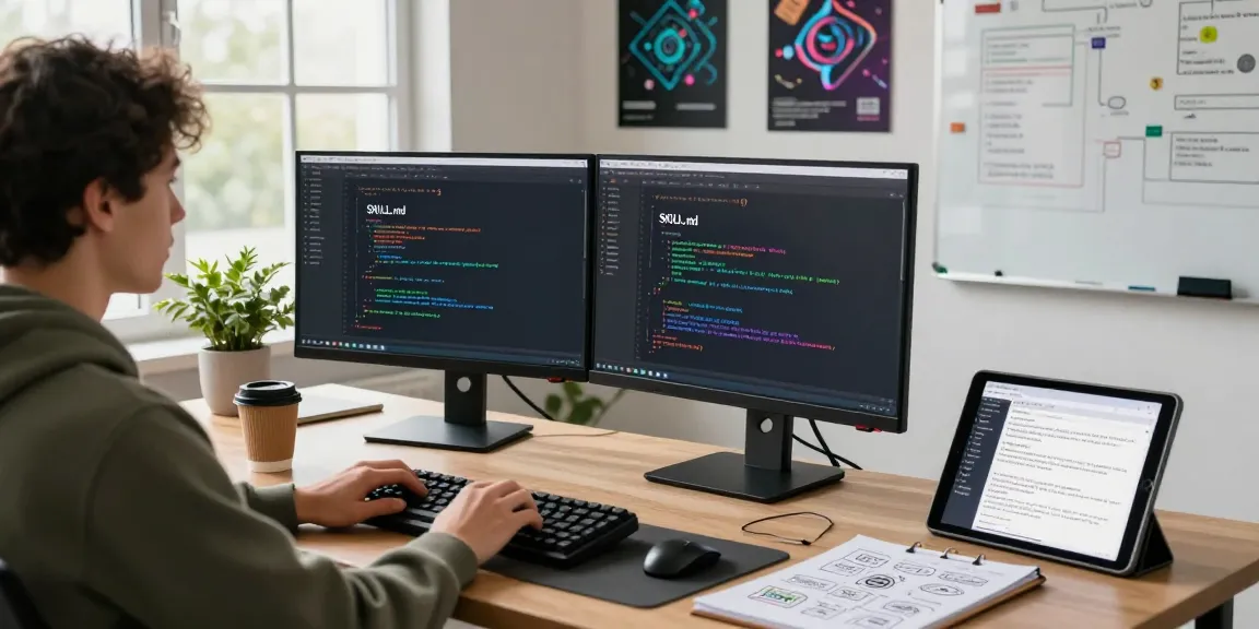 Developer creating OpenClaw skill at modern workspace with dual monitors and notes.