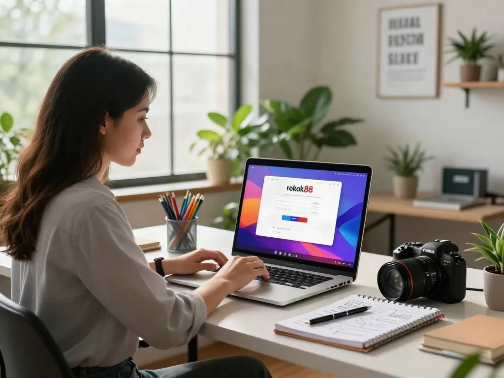 rokok88 login interface on a laptop in a modern workspace with motivational decor
