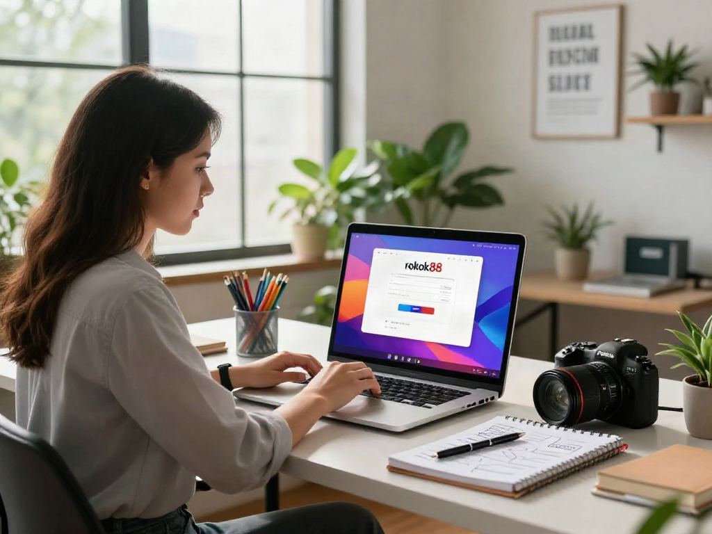 rokok88 login interface on a laptop in a modern workspace with motivational decor