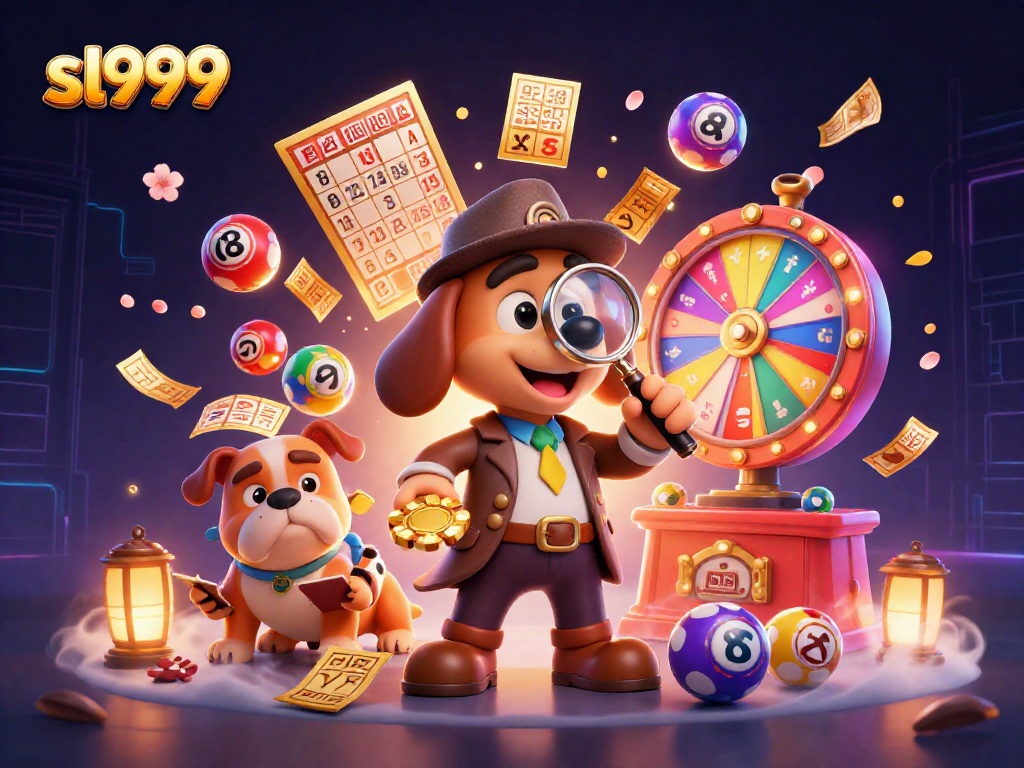 Engage with sl999 in this vibrant 3D illustration showcasing lottery elements and a detective theme.