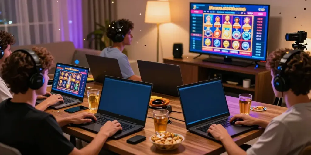 Pengguna situs slot berinteraksi dengan berbagai permainan slot online di ruang tamu yang nyaman.