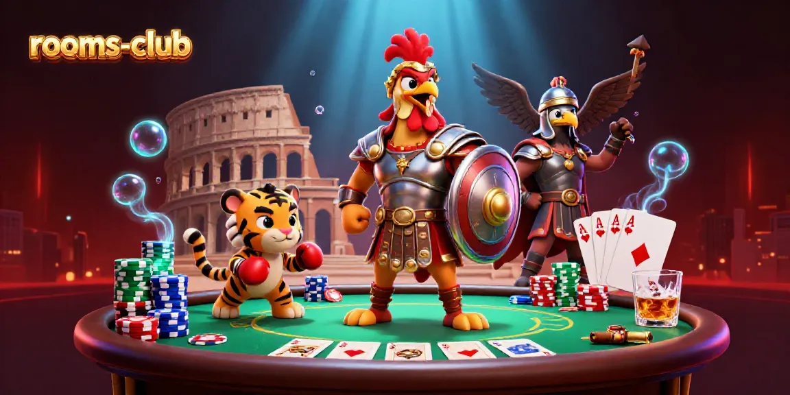 Manfaatkan rooms-club untuk meraih kemenangan dalam slot online, dengan ilustrasi gladiator dan simbol kasino yang menarik.