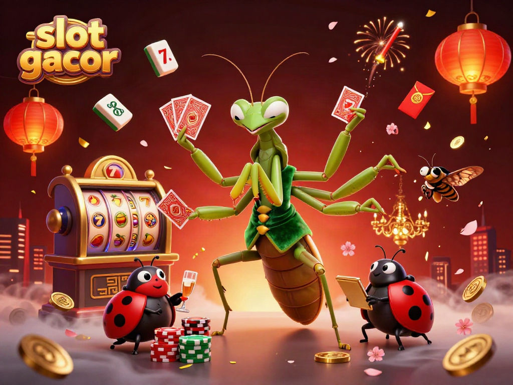 Experience excitement with slot gacor as a giant mantis deals cards under a vibrant, festive backdrop.