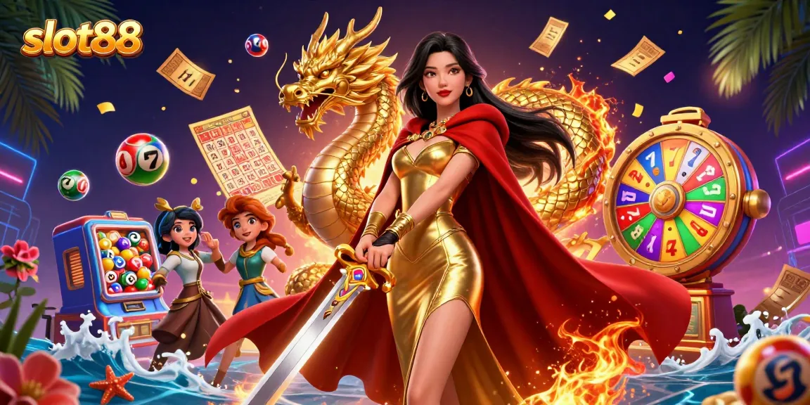 Experience the enchanting world of slot88 with vibrant symbols and a warrior queen illustration.
