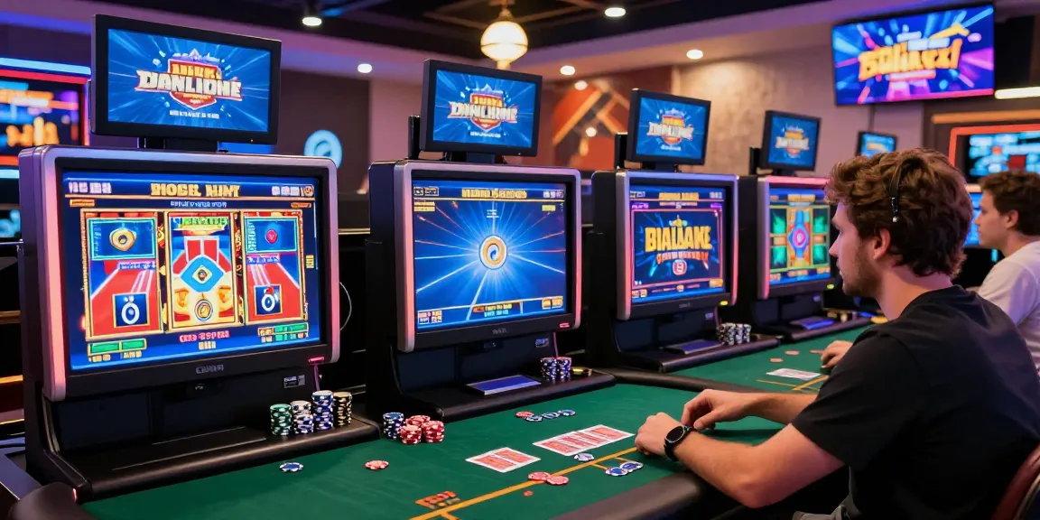 Joueur profitant de l'expérience de jeu en direct au meilleur casino en ligne, entouré d'écrans numériques et de jetons de poker.