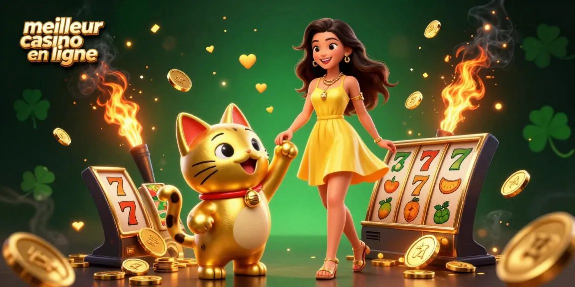 Jouez au meilleur casino en ligne avec une action de machine à sous passionnante, un chat chanceux doré et des couleurs vibrantes.