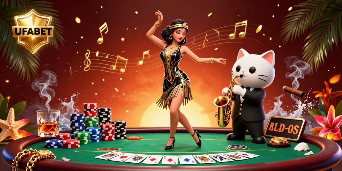 Join the excitement at UFABET with a vibrant casino scene featuring a dancing woman and saxophone-playing cat.