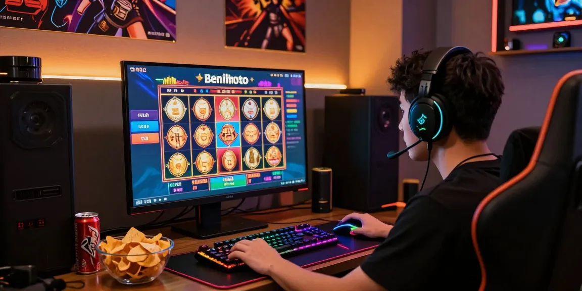 Gamer immersed in an online slot game featuring benihtoto link in a vibrant gaming room.