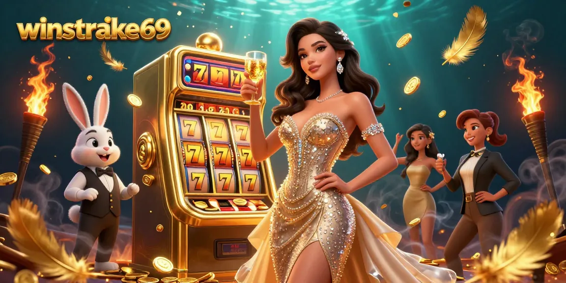 Engage with winstrike69 at a lively casino scene with a glamorous woman celebrating by a golden slot machine.