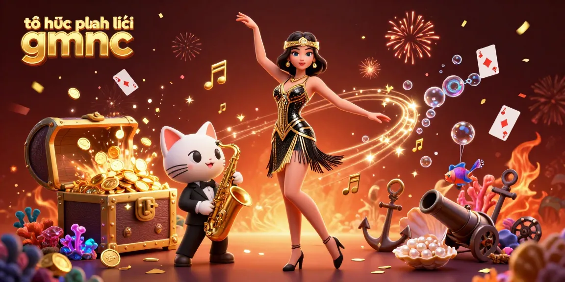 Experience the excitement of "tổ chức pháp lý gmnc" in a vibrant casino-themed illustration featuring a dancing flapper and a jazzy cat.