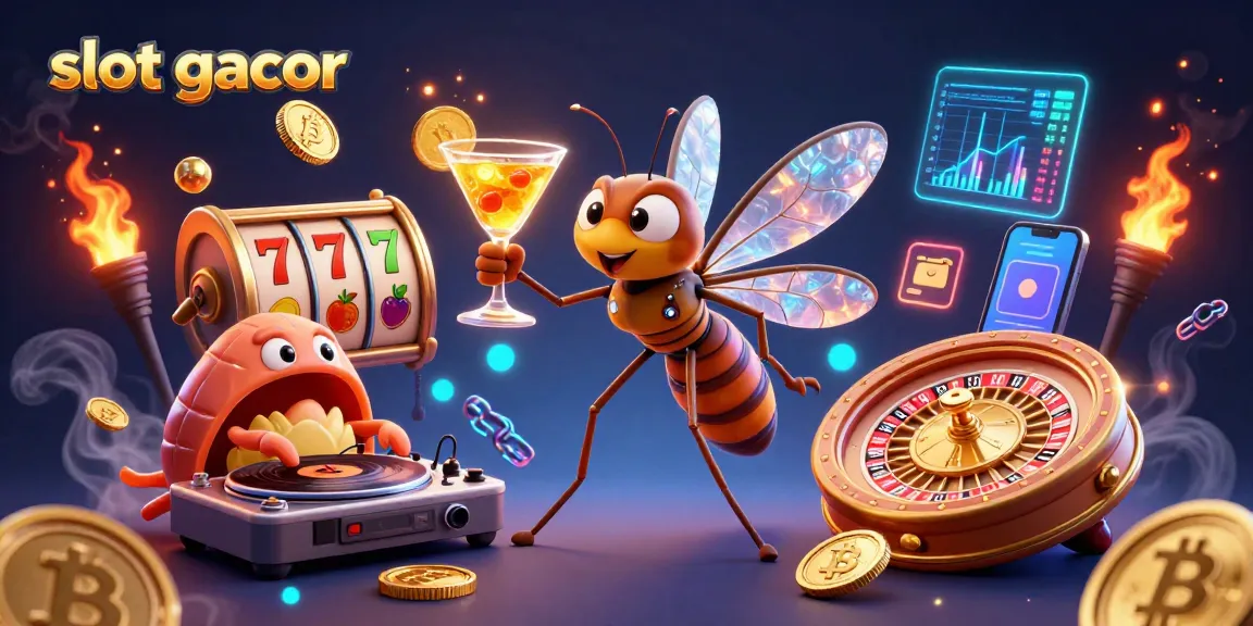 Engage with slot gacor as a cartoon mosquito mascot celebrates wins, surrounded by vibrant casino elements.