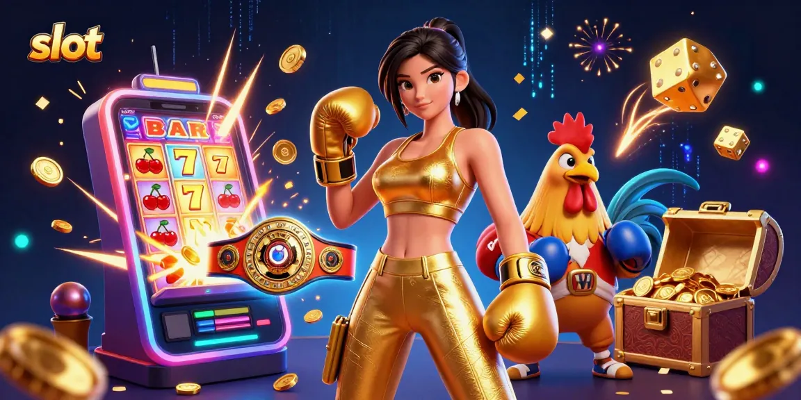 Experience thrilling slot gameplay with a powerful woman and a championship rooster amidst vibrant casino elements.