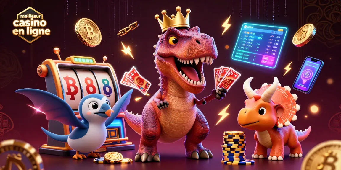 Visuel d'un T-Rex couronnant les jeux au meilleur casino en ligne, avec pièces de crypto-monnaie scintillantes.