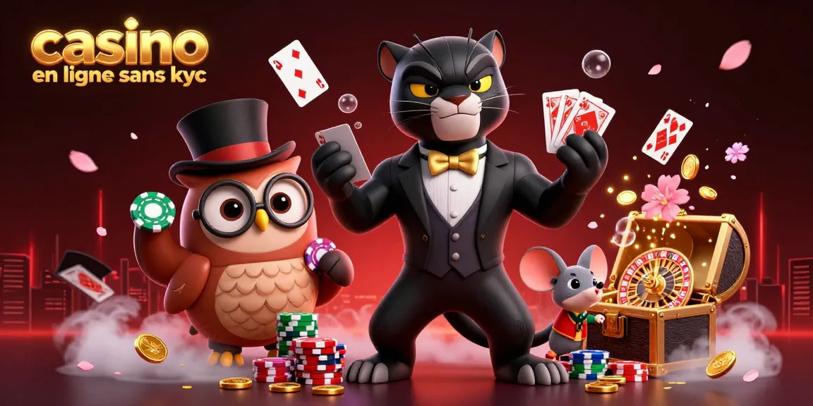 Jouer au casino en ligne sans KYC avec une illustration colorée de personnages animés.