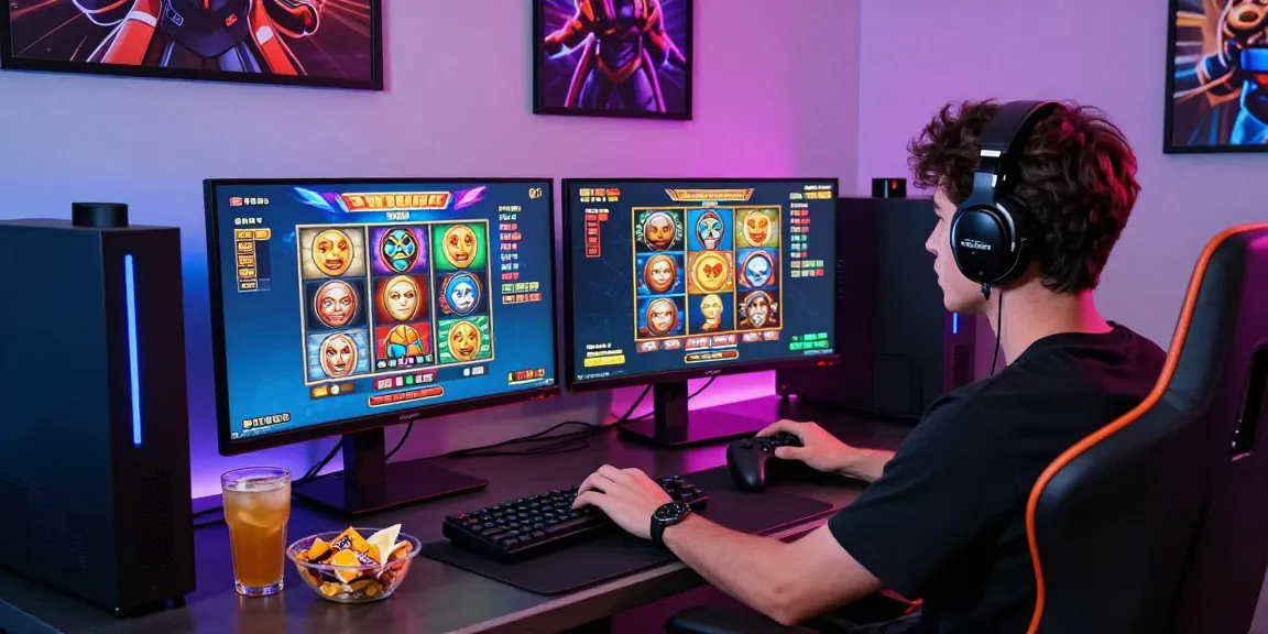 Pengalaman bermain Pasar 88 dengan pemain terlibat dalam permainan slot, menampilkan monitor gaming yang cerah dan aksesori menarik.