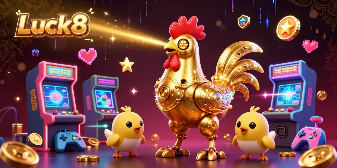 Experience Luck8's dynamic gaming environment featuring a golden rooster robot and vibrant casino elements.
