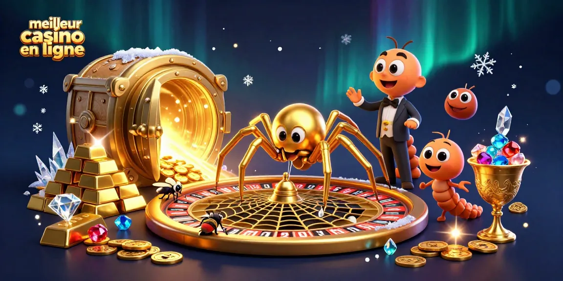 Placer des paris au meilleur casino en ligne avec une illustration d'araignée dorée et un croupier centipède.