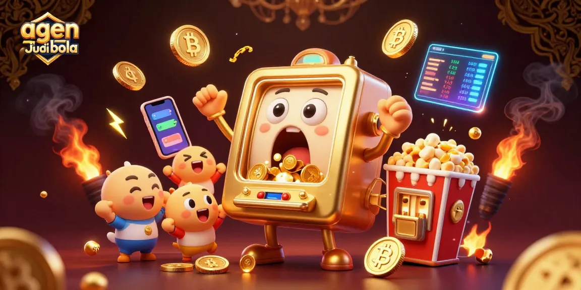 A vibrant scene showcasing agen judi bola with a golden slot machine hitting a jackpot while coins spill out, surrounded by cheering slot machines.