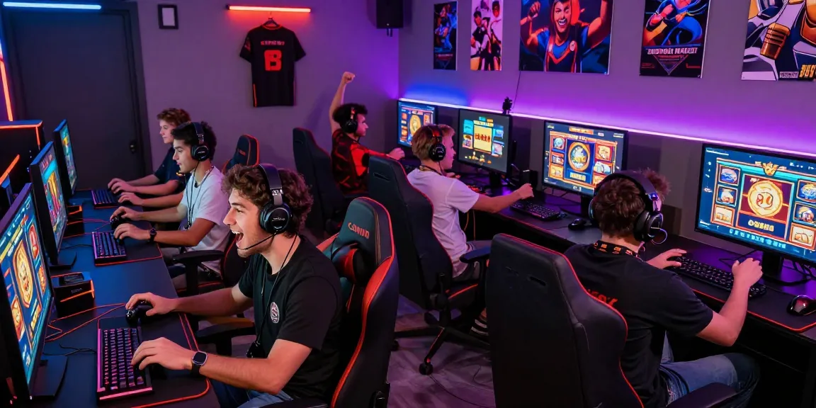 Players celebrating wins at a vibrant gaming lounge highlighting deposit pulsa tanpa potongan benefits.