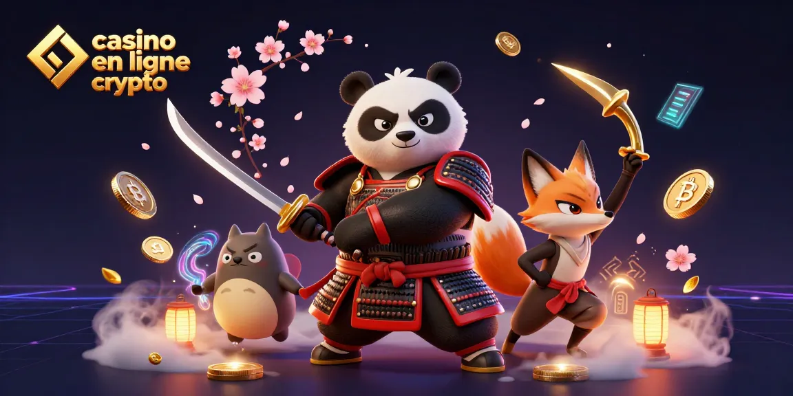 Vente de jeux sur un casino en ligne crypto avec un panda samouraï en 3D, des pièces Bitcoin et Ethereum.