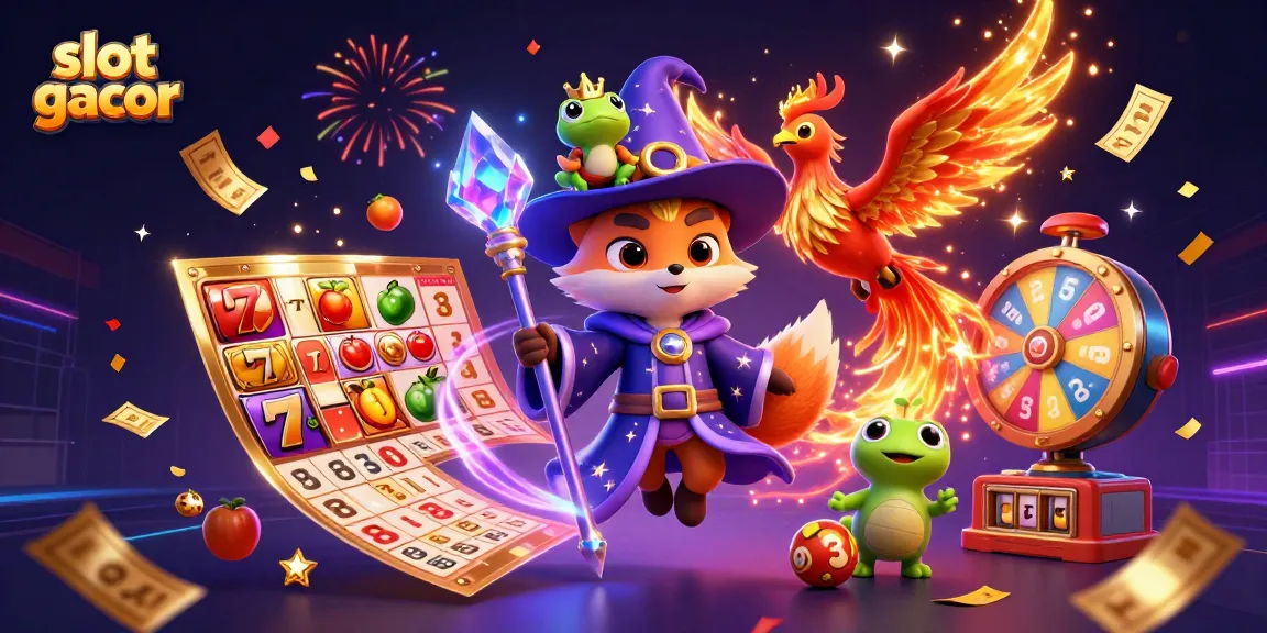 Engage with the vibrant slot gacor scene featuring a wizard fox, phoenix, and dynamic slot reels.