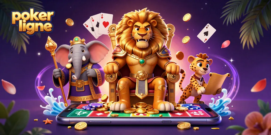 Jouez au poker en ligne avec le roi lion dans une illustration dynamique et colorée.
