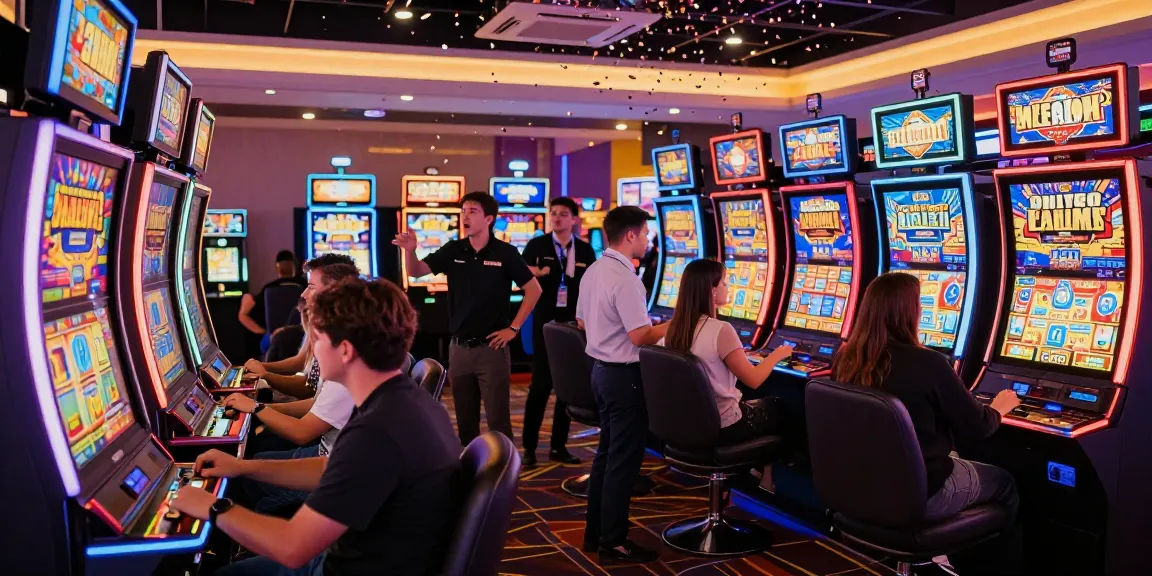 Slot permainan yang menarik di kasino dengan pemain merayakan kemenangan besar.