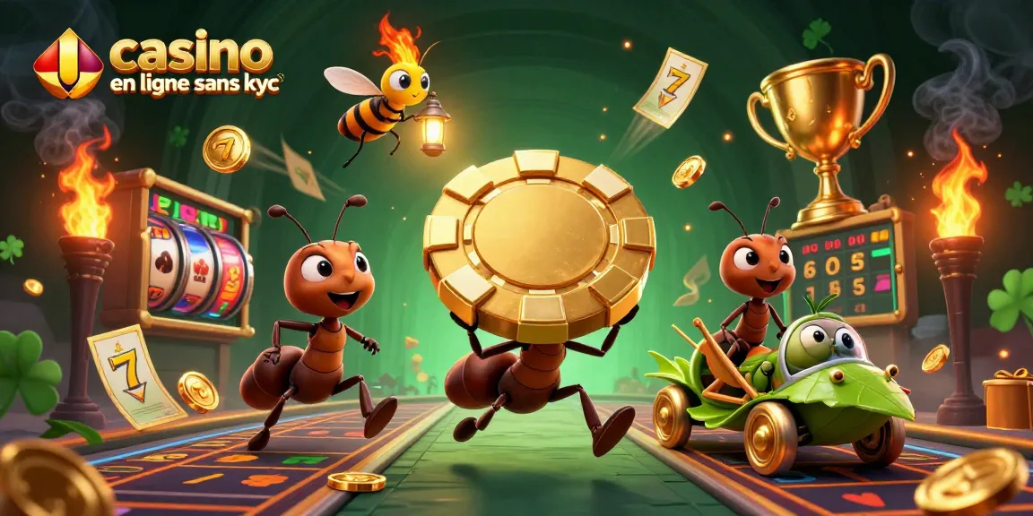 Jouer à casino en ligne sans kyc avec des fourmis volantes et des jetons dorés dans une scène dynamique.