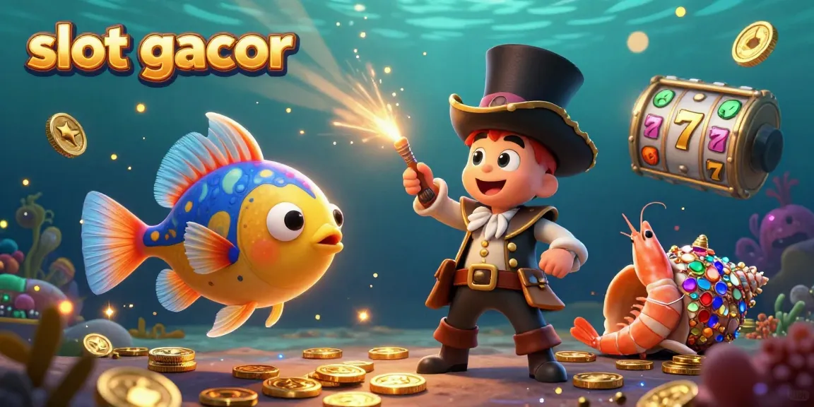 Engage with slot gacor excitement featuring a 3D anglerfish in a top hat attracting golden coins amidst vibrant slot game elements.