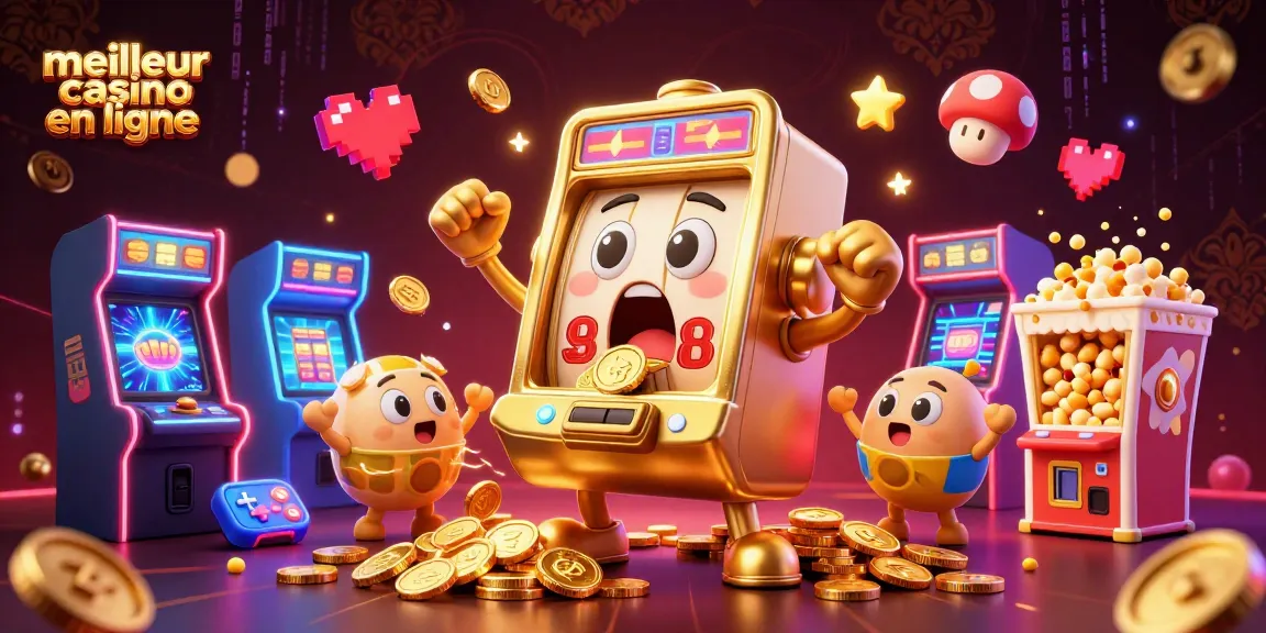 Visuel dynamique mettant en avant le meilleur casino en ligne avec une machine à sous dorée, en jackpot, figurant des éléments de jeux colorés.