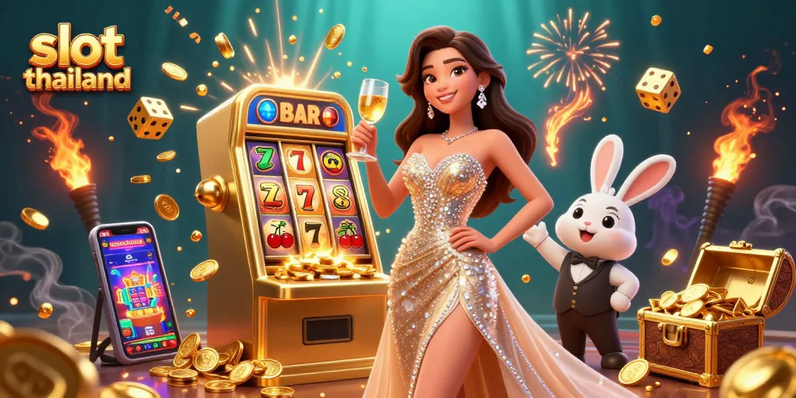 Experience thrilling wins with slot thailand as a woman celebrates beside a jackpot slot machine.